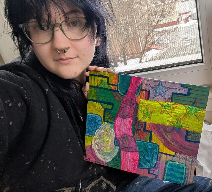 nonnie with a mixed media painting